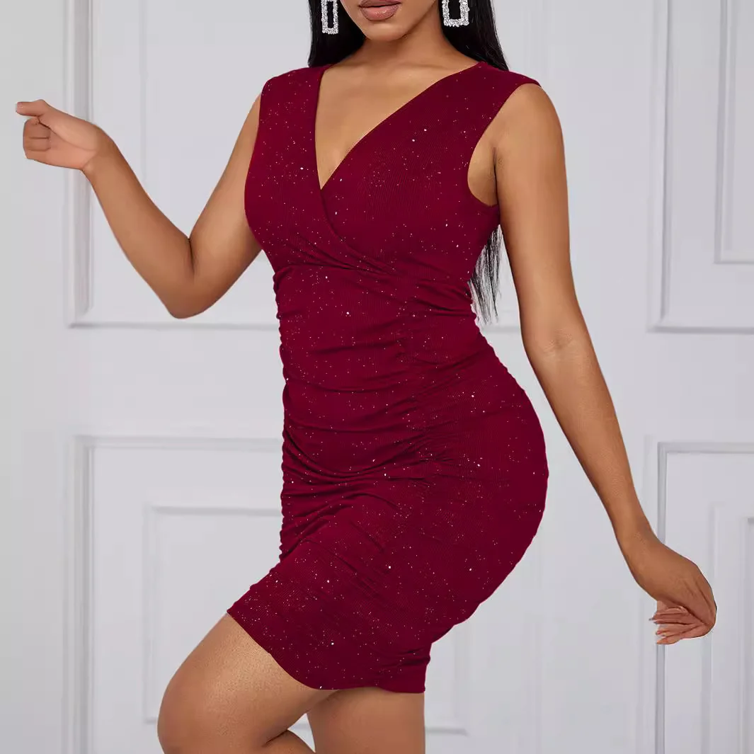 Uveng Uveng Solid-Color V-Neck Solid-Colored Sleeveless Sleeve-Less Sleeve-Bless Women's Dress