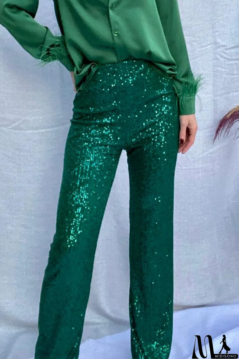 MidiSono - Casual British Style Solid Sequins Loose Low Waist Straight Solid Color Bottoms