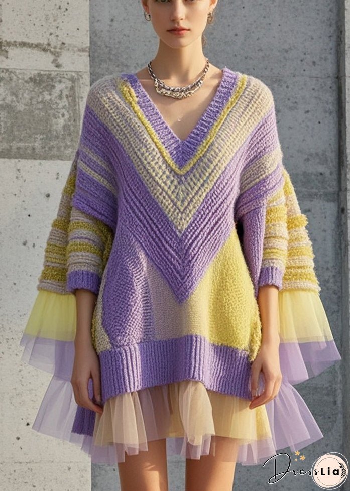 Original Design Purple Oversized Patchwork Knit Dress Fall