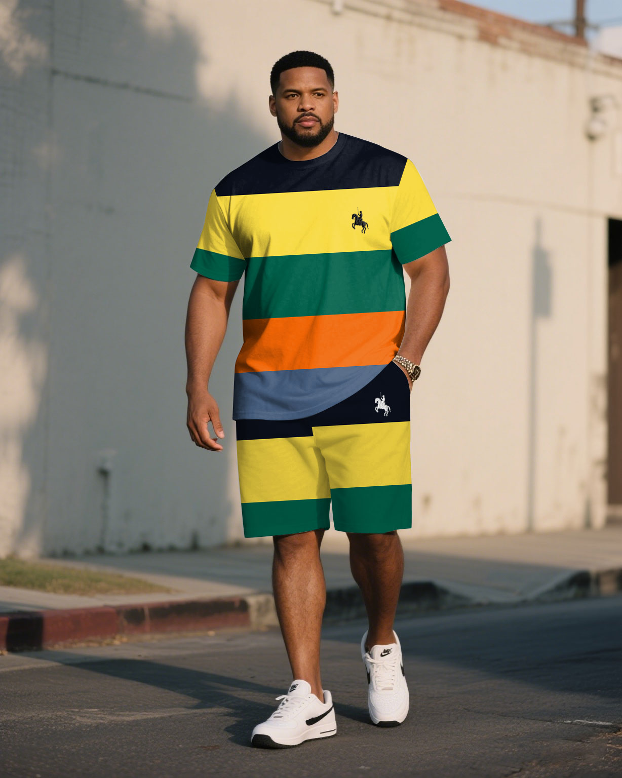 Men's Plus Size Classic Yellow Multicolor Stitching Commemorative June Festival Printed Chest Small Label Short Sleeve T-Shirt Shorts Suit