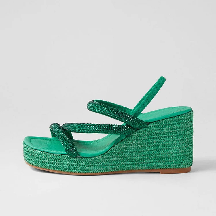 Square Toe Rhinestone Strappy Platform Wedge Sandals in Green |FSJ Shoes