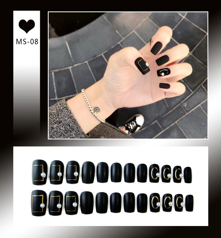 24pcs Matte False Nail Press On Nail With Glue Round Graffiti Fake Nail Manicure Nail Art Decoration  Nail Art Tools-Nail Inspo