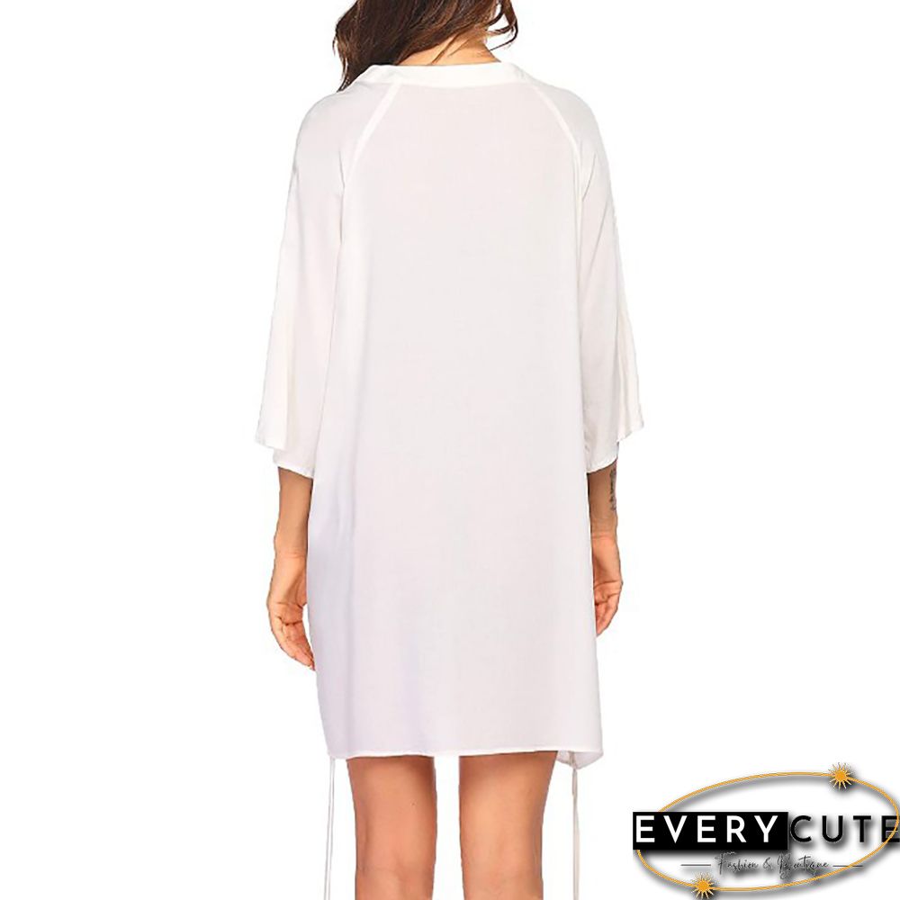 White V Neck Drawstring Beach Cover Dress
