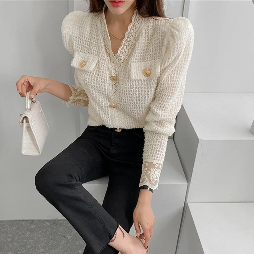 Jangj Alien Kitty Lace Puff Sleeves V-Neck Women Blouses Chic Gentle Girls 2022 Soft Warm New Arrival Fashion Casual Work Wear Shirts