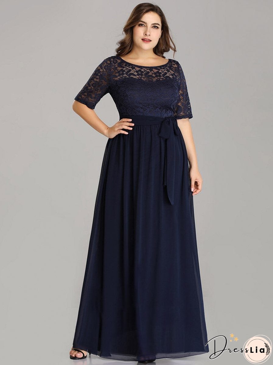 Sophisticated Lace Bodice Chiffon Maxi Evening Gown with Belt for Elegant Occasions