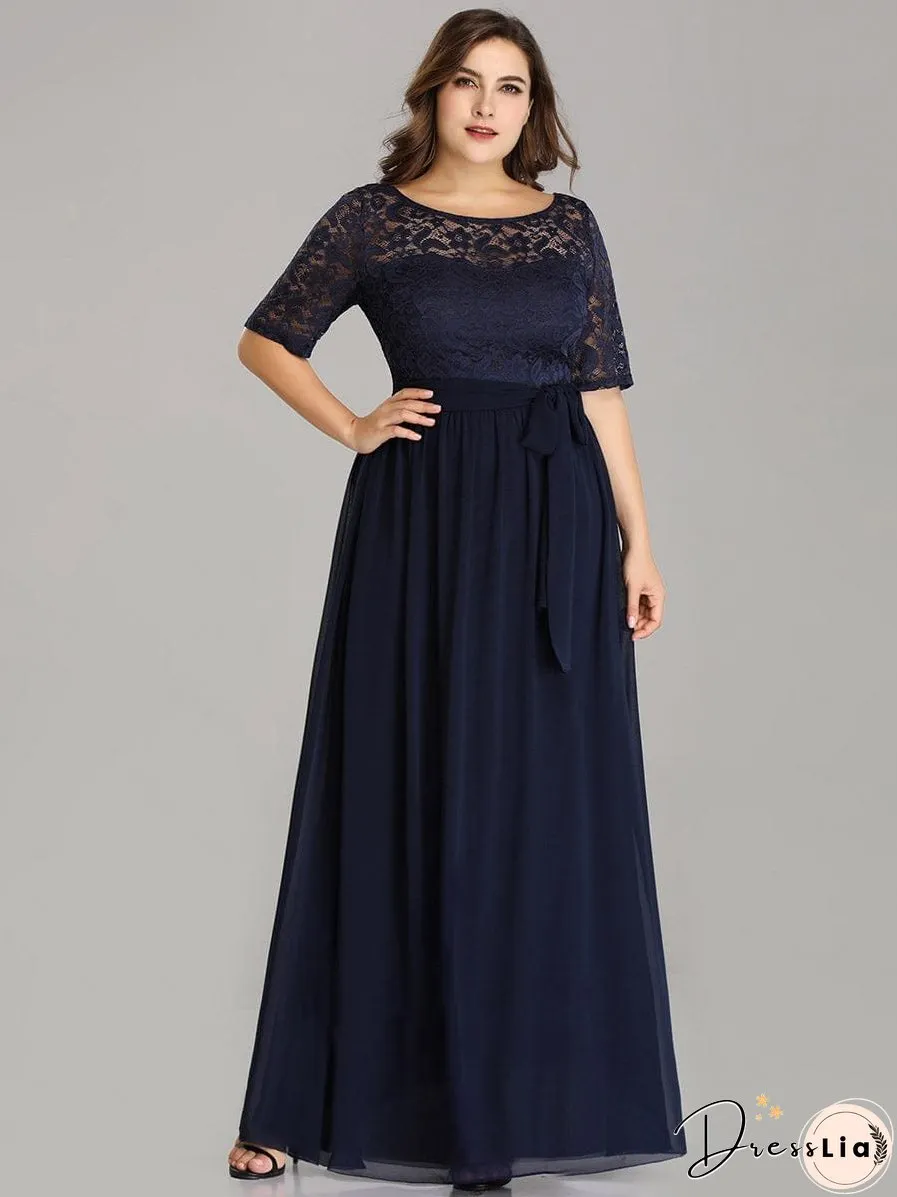 Sophisticated Lace Bodice Chiffon Maxi Evening Gown with Belt for Elegant Occasions