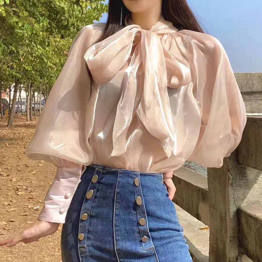 Jangj Alien Kitty 2021 New Summer Lantern Sleeve Brief Solid Bow Loose Hot Chic Blouses Pullover Lady Casual Tops Single-Piece Set