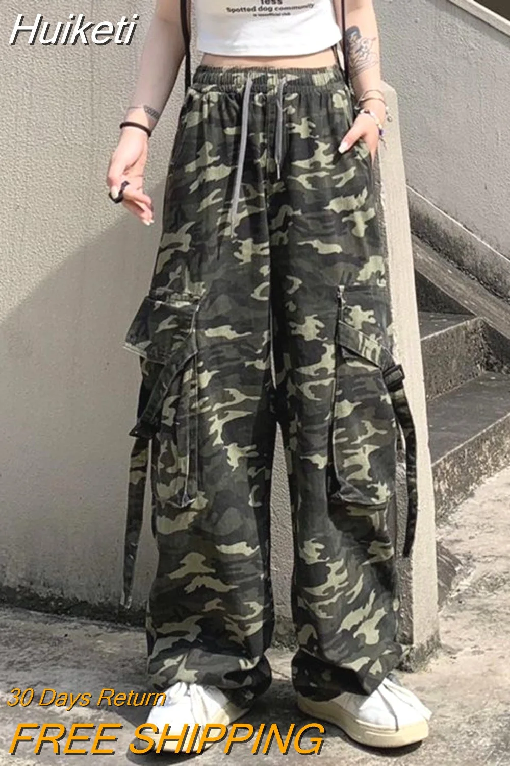 Huiketi Vintage Hip Hop Camouflage Cargo Pants Women Y2K Street Popular Straight Casual Pants Couple Baggy Pants Joggers Women