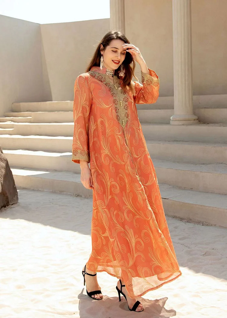 Natural Orange Stand Collar Embroideried Button Tulle Holiday Long Dress Fall