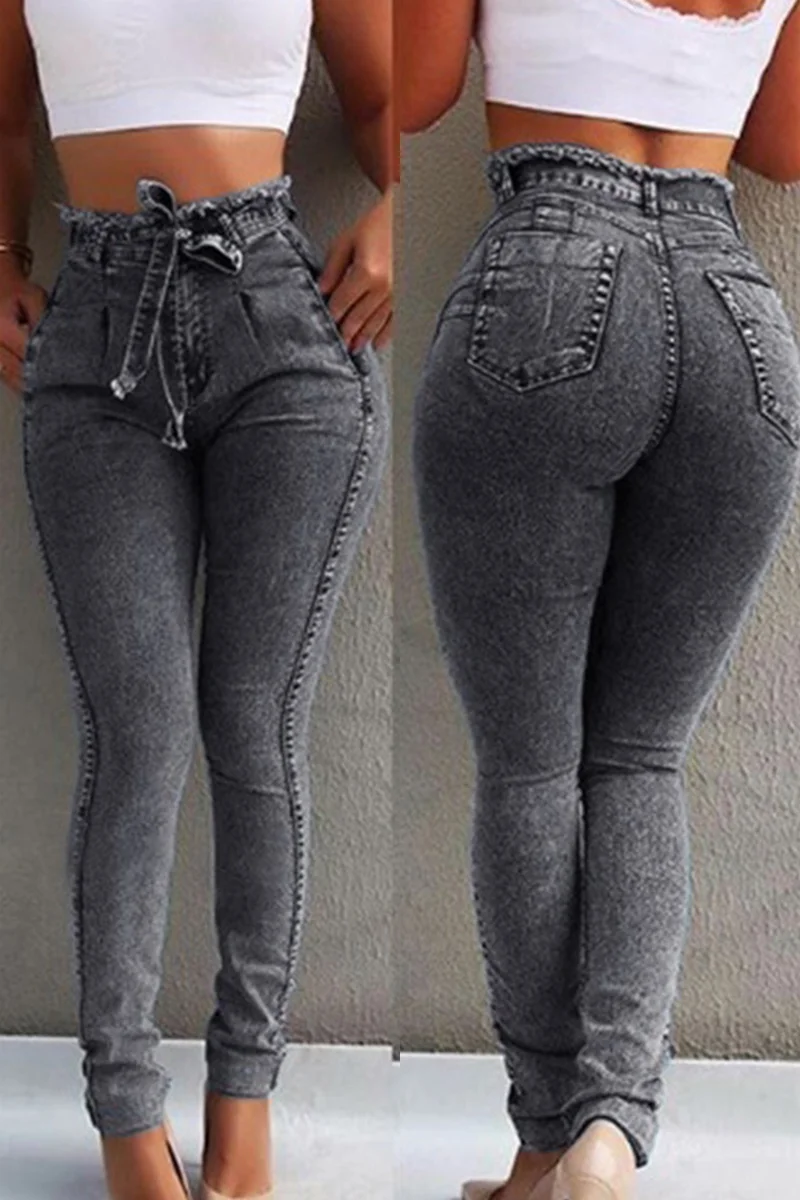 Grey Fashion Casual High Waist Skinny Jeans | EGEMISS