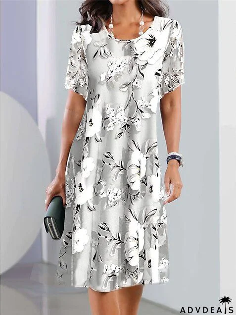 Women\u2018s Plus Size Curve Casual Dress Dress Set Chiffon Dress Floral Midi Dress Half Sleeve Print Crew Neck Fashion Daily Gray Summer Spring L XL XXL 3XL 4XL
