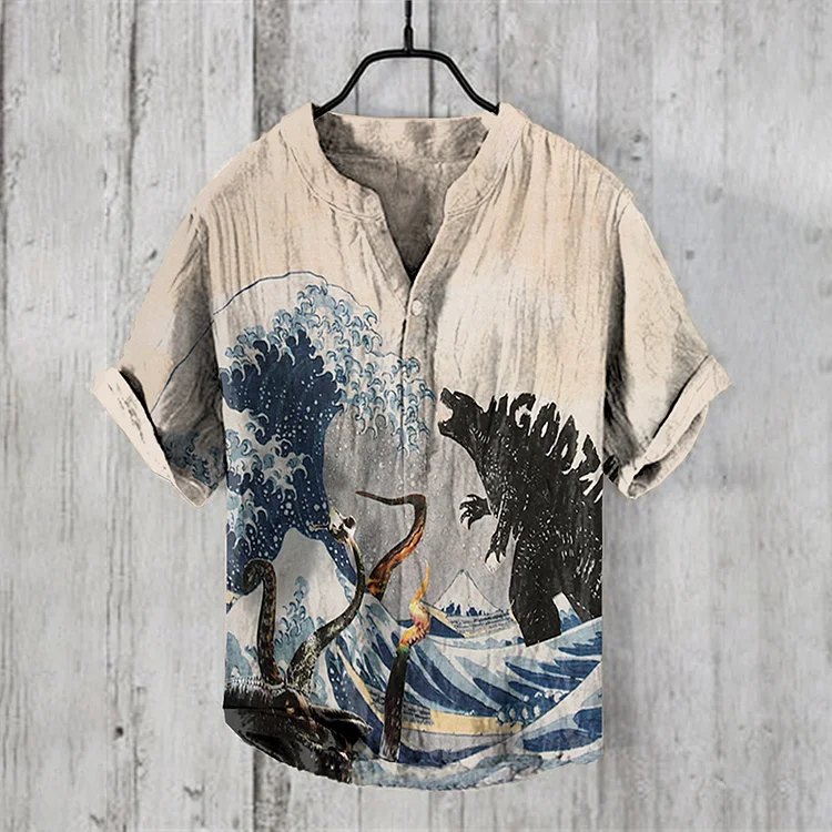 Retro Godzilla Vs Octopus Japanese Art Linen Blend Shirt