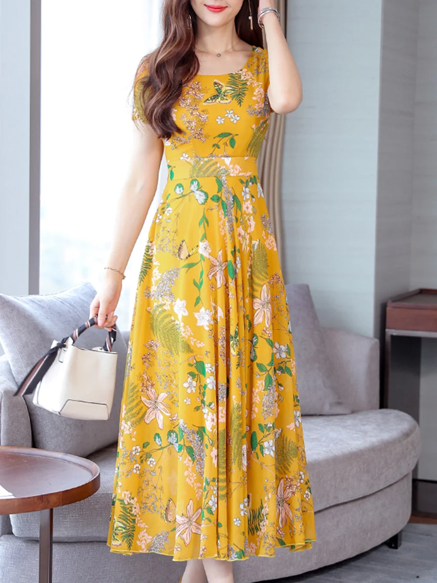 Date Round Neck Printed Maxi Dress - SissiStyles.com