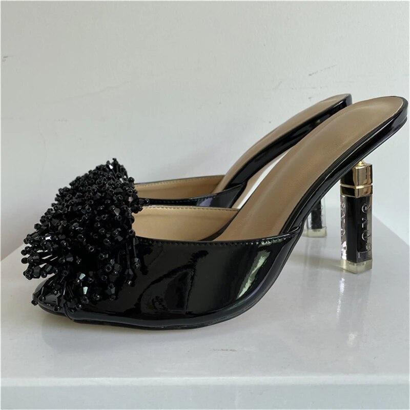 VCSHOES Carved Letters Lipstick Strange Heel Sandals Women Beaded Flower Slingbacks Peep Toe Patent Leather Mules