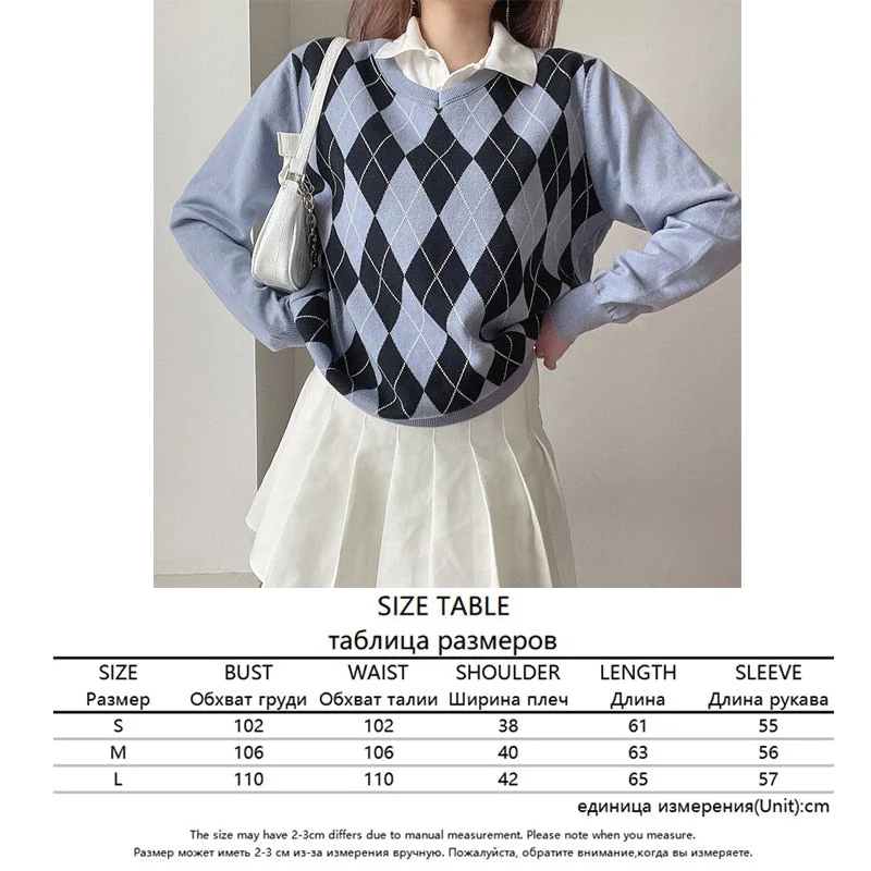 HEYounGIRL White Casual Plaid Argyle Sweater Ladies Y2K Preppy Style Vinage Knit Jumper Women Antumn Winter Pullover Knitwear