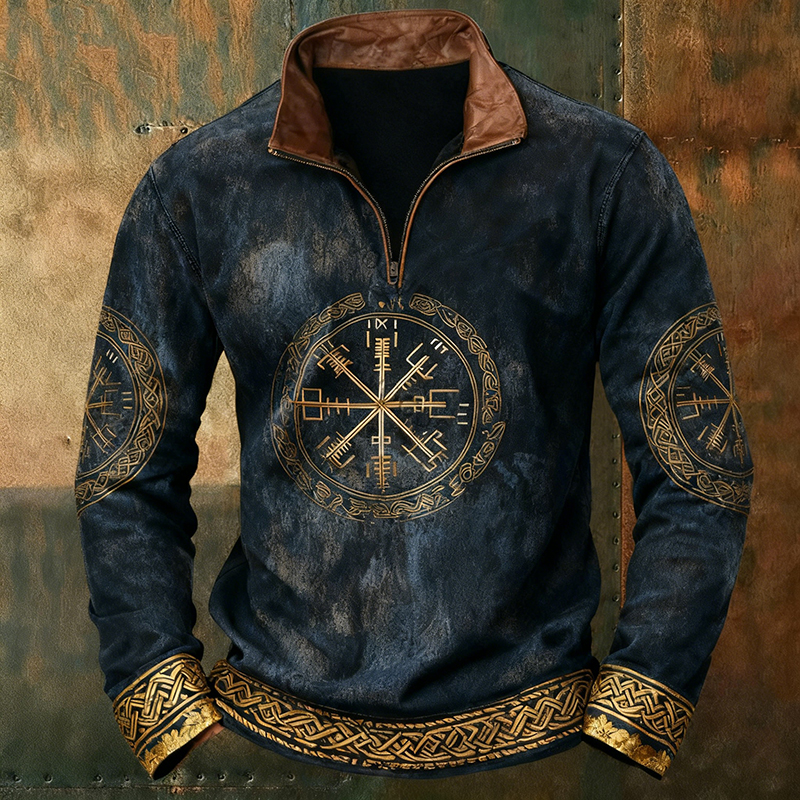 Men's Retro Viking Rune Pattern Casual Half-zip Hoodie elevenforest