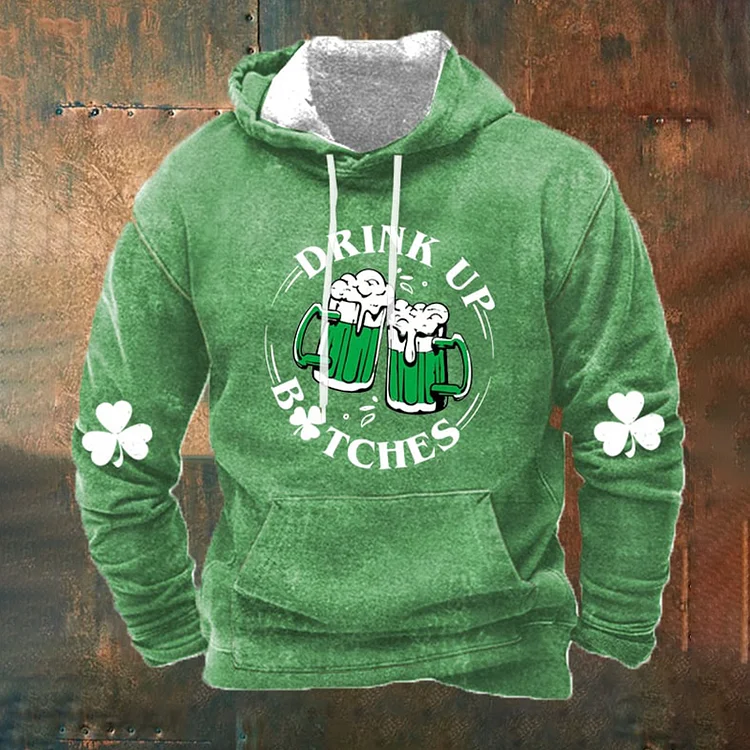 VChics Casual Men's St. Patrick's Day Drink Up Bitches Print Hoodie