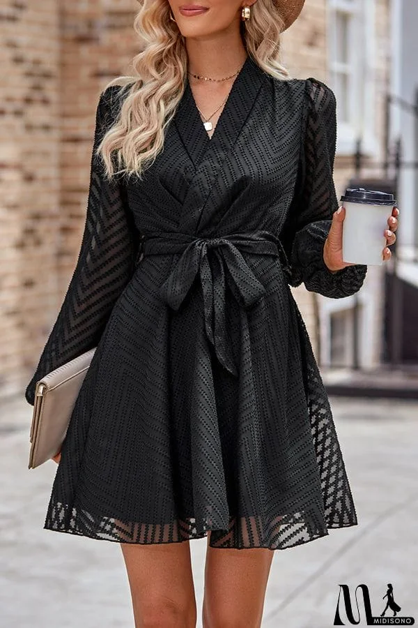 MidiSono - Striped Lace Cutout Belted Long Sleeve Mini Dress