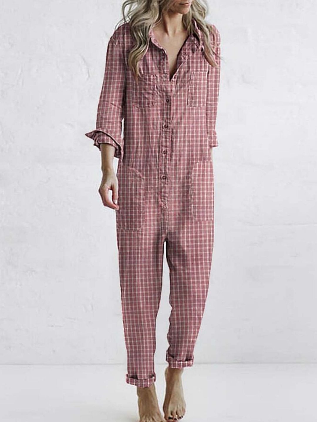 Women's Cotton and Linen Check Single-Breasted Pocket Jumpsuit