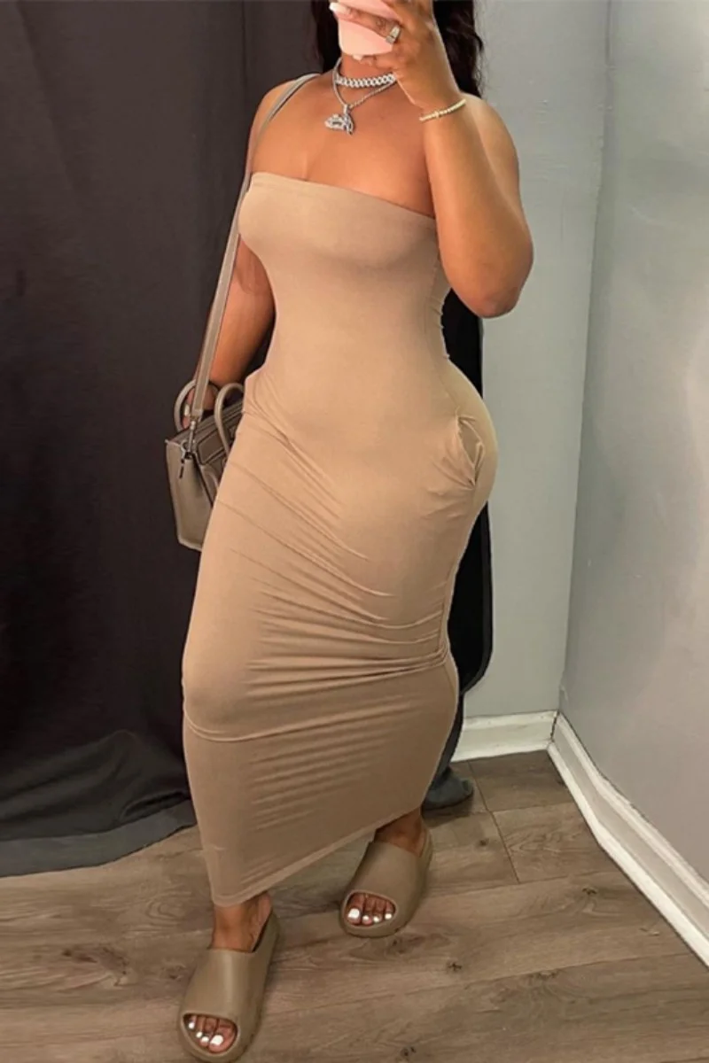 Khaki Sexy Casual Solid Backless Strapless Long Dress Dresses