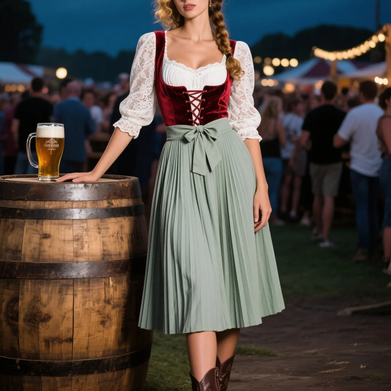 Vintage Dress Suit With Lace Inner Wear, Velvet Drawstring Vest, Pleated Skirt Suit, Beer Festival Dress