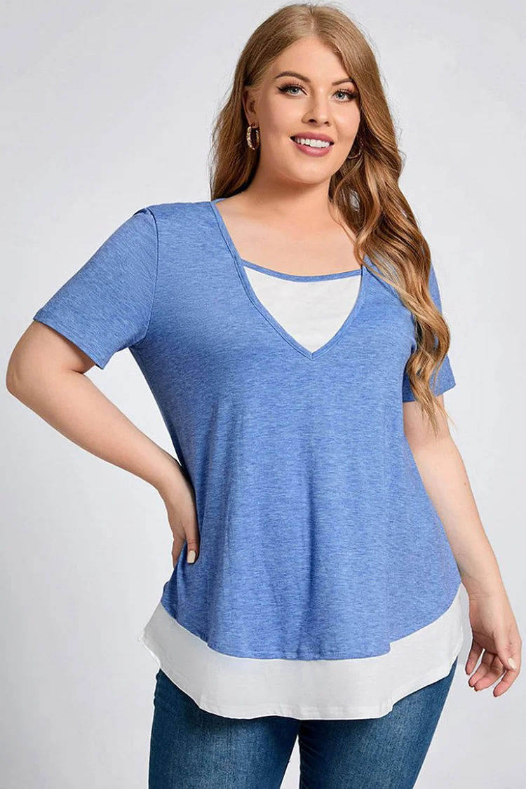 Plus Size Square Neck Fake Two Pieces Ruffle Sleeve Casual T-shirt