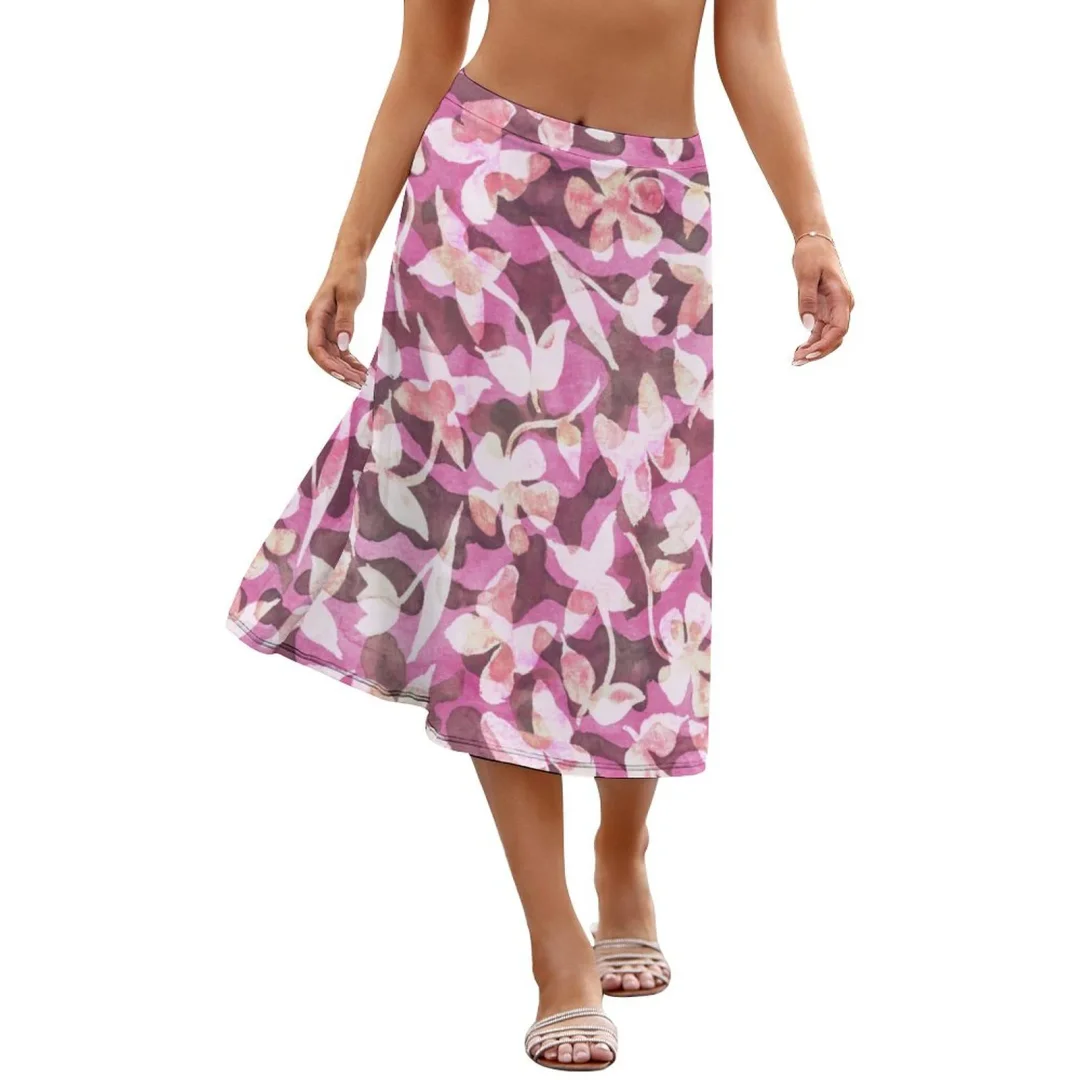 Summer Hawaii Pink Floral Woodland Flowers Butterflies Watercolor Skirt