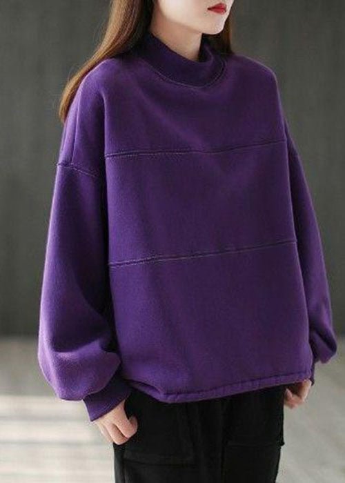 Loose Purple Turtle Neck Patchwork Warm Fleece Sweatshirts Top Winter CK2414- Fabulory