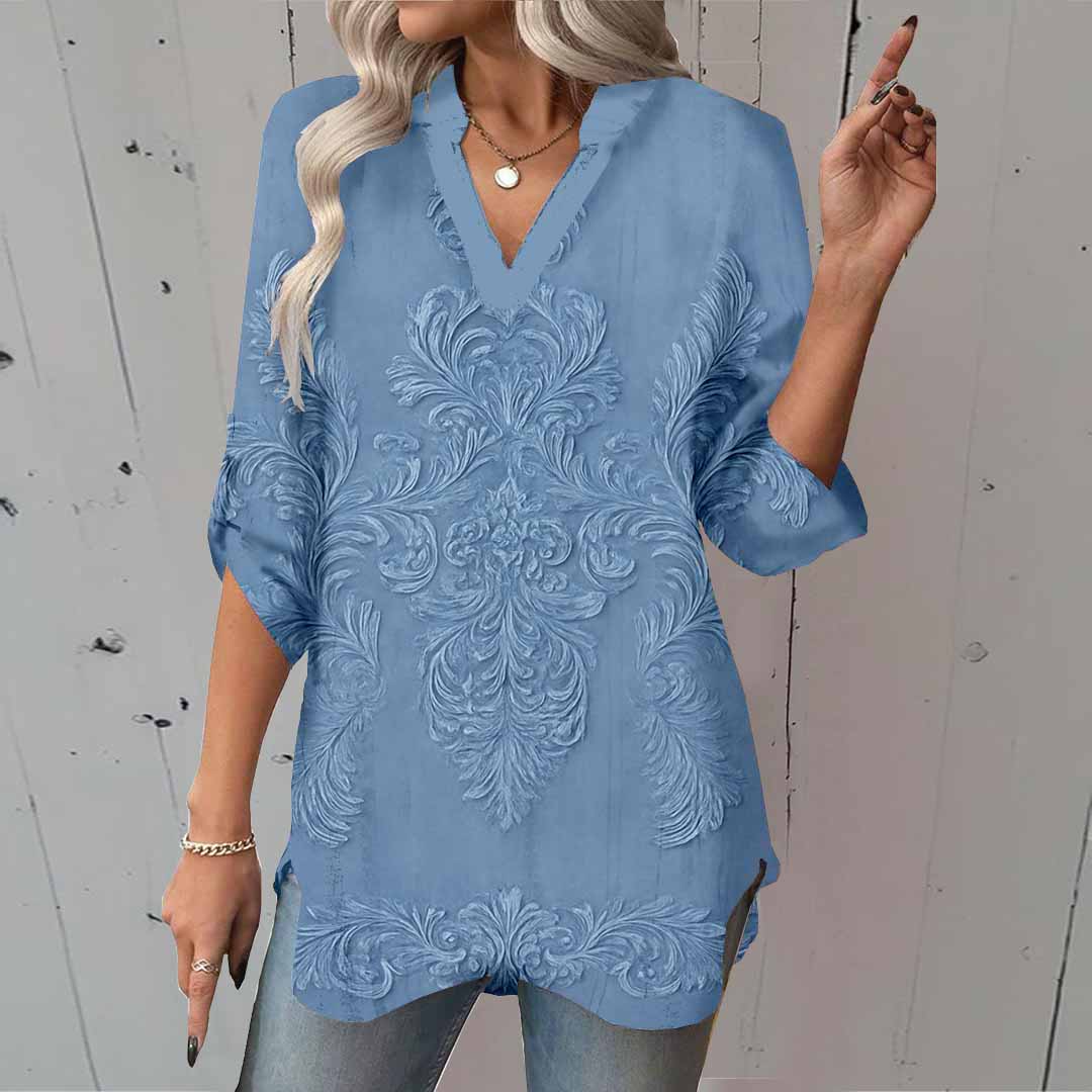 Women Floral,Blue,Ladynora DZGA0022 3/4 Sleeve V-neck Printed Graphic Button Tops