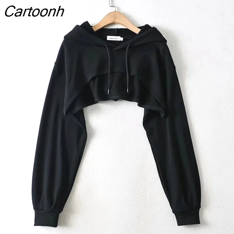 Cartoonh Women Curved Cut Front Super Crop Hoodie Drop Shoulder Sexy Crop Hooded Sweatshirt