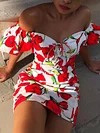 Floral Print V-Neck Drawstring Slim Vacation Mini Dress