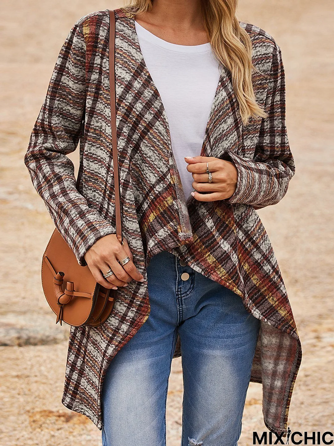 Brown V Neck Cotton-Blend Long Sleeve Jacket