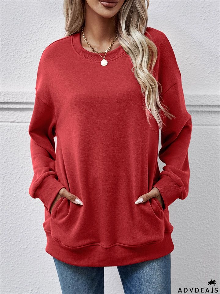 Women's Fleece Loose Round Neck Pocket Tops Hoodies