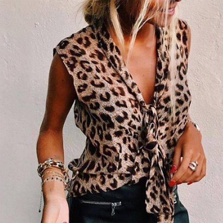 Women Summer Leopard Print V Neck Bow Sleeveless Tank Top Vest Shirt Blouse Tops