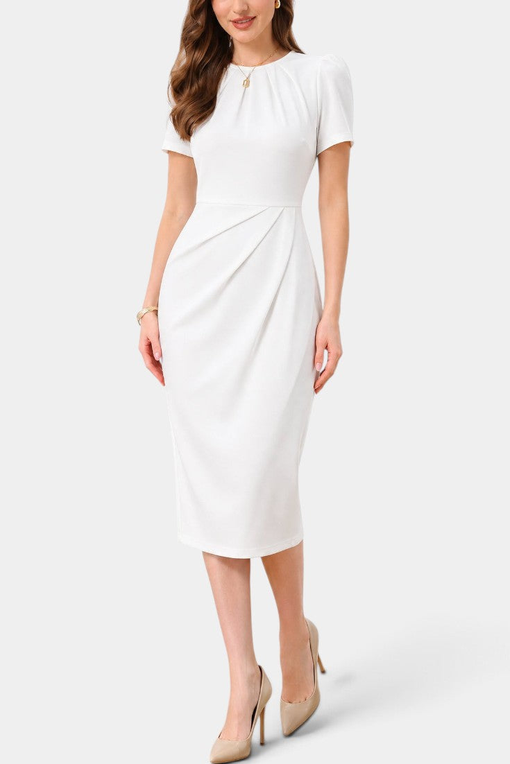Structured Side-Drape Midi Dress with Short Sleeves