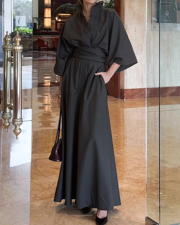 Lapel Loose Tie Solid Color Jumpsuit