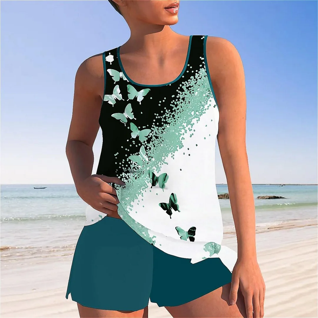 Bowknot Butterfly,Green,Dark Green Mid Waisted Tankini Set - Plus Size Available