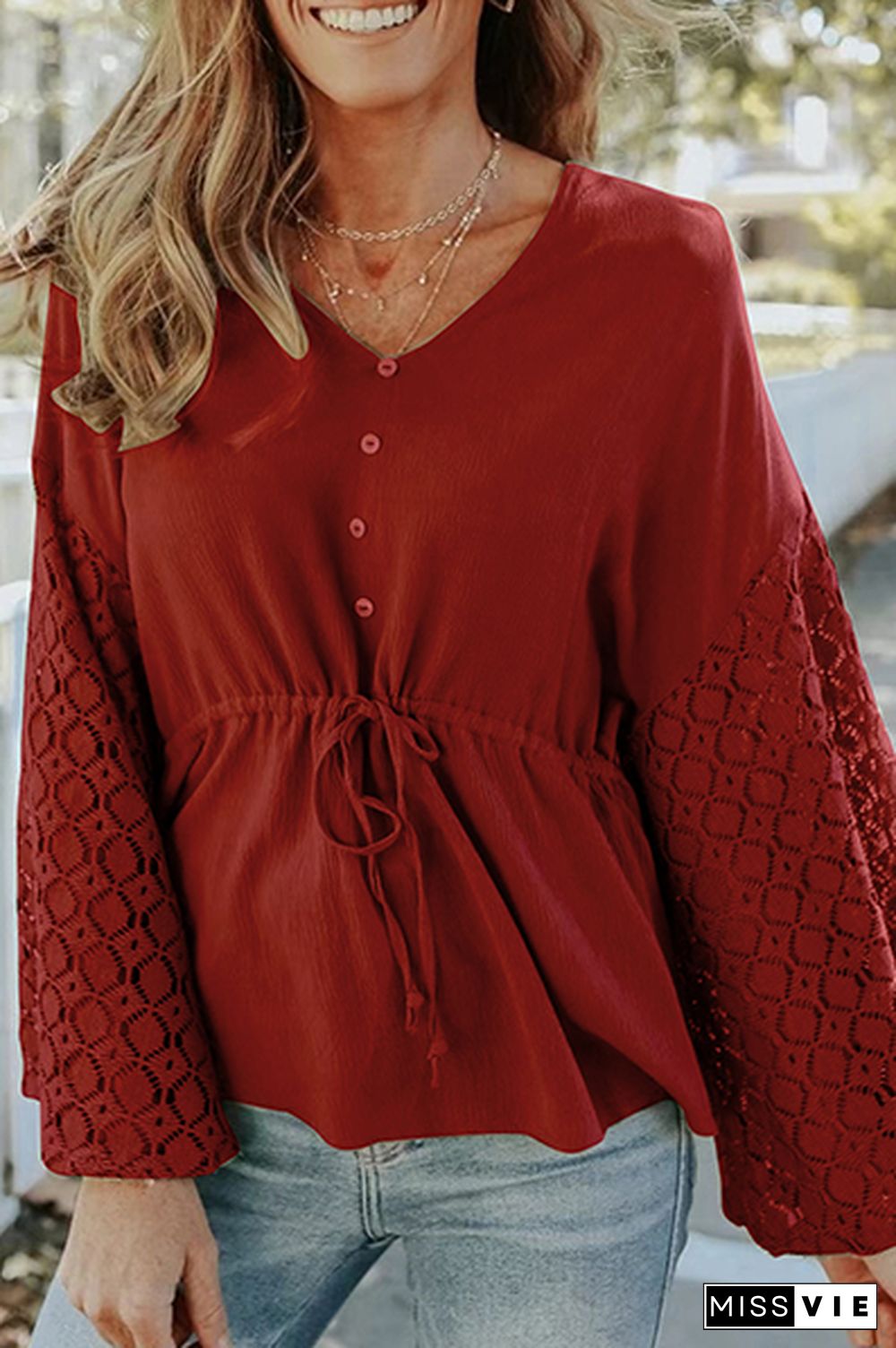 Casual Solid Lace Frenulum Buckle V Neck Tops（5 Colors）