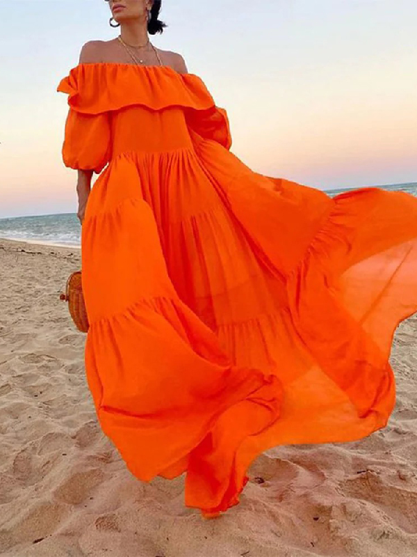 Fashion Puff Sleeve Pleated Solid Color Elegant Off Shoulder Beach Party Maxi Dress