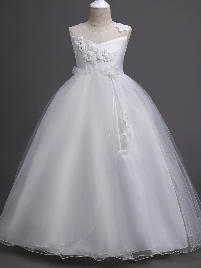 Oknass Floor Length Sleeveless Jewel Neck  Flower Girl Dresses Lace Tulle  Polyester With Lace Bow Appliques