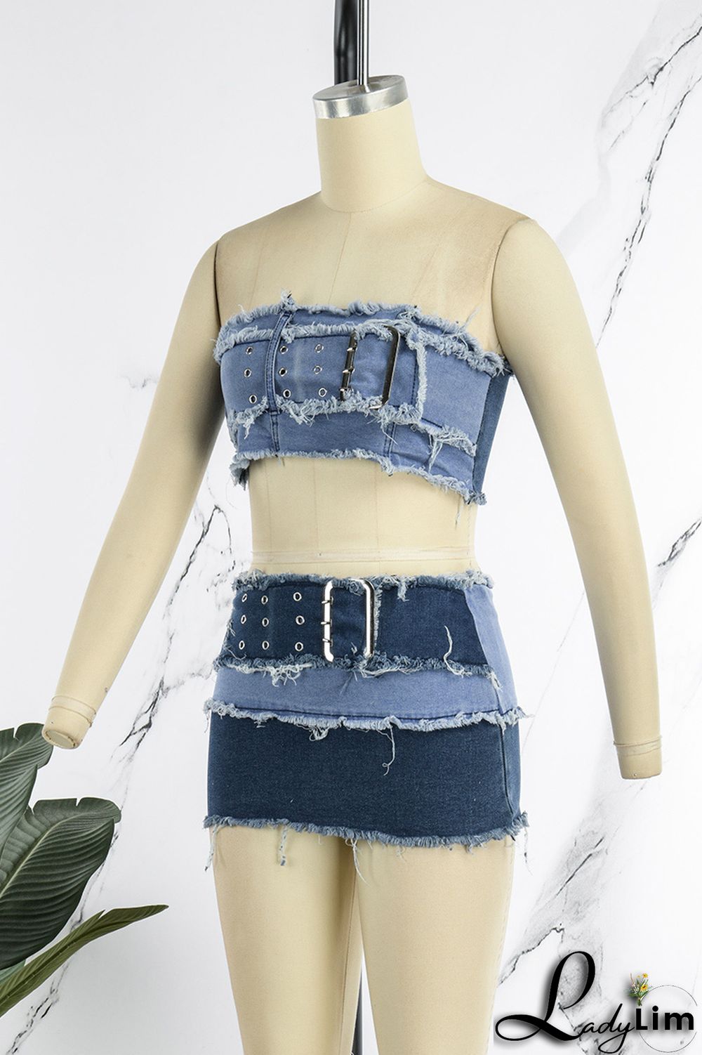 Blue Sexy Street Solid Make Old Patchwork Strapless Sleeveless Two Pieces