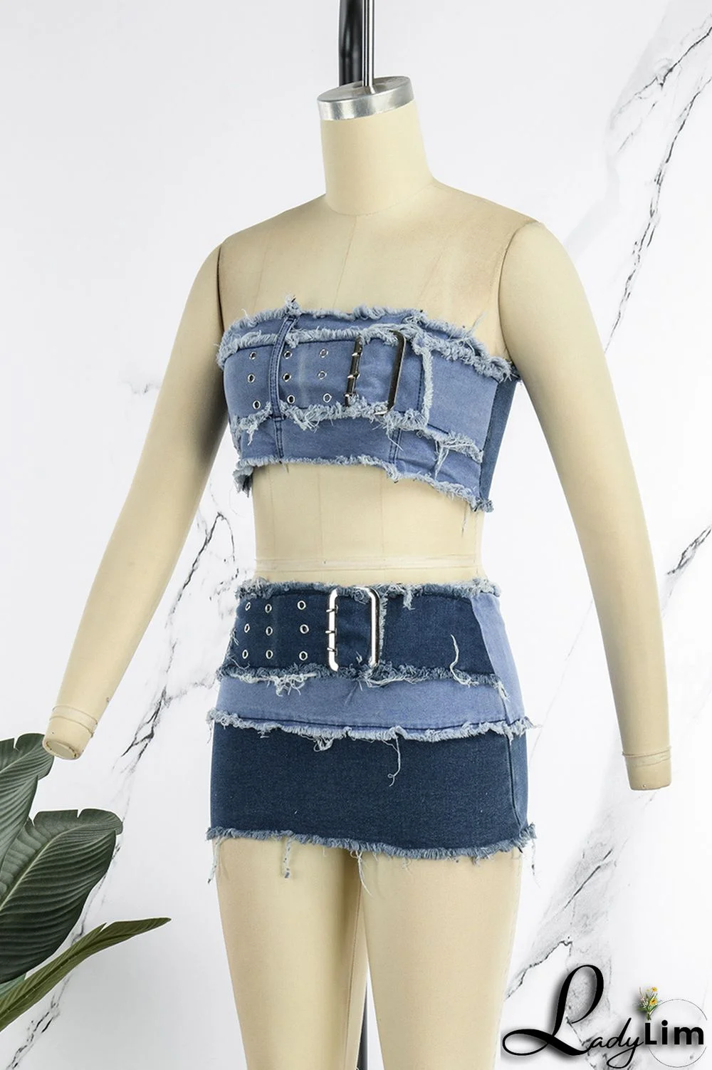 Blue Sexy Street Solid Make Old Patchwork Strapless Sleeveless Two Pieces