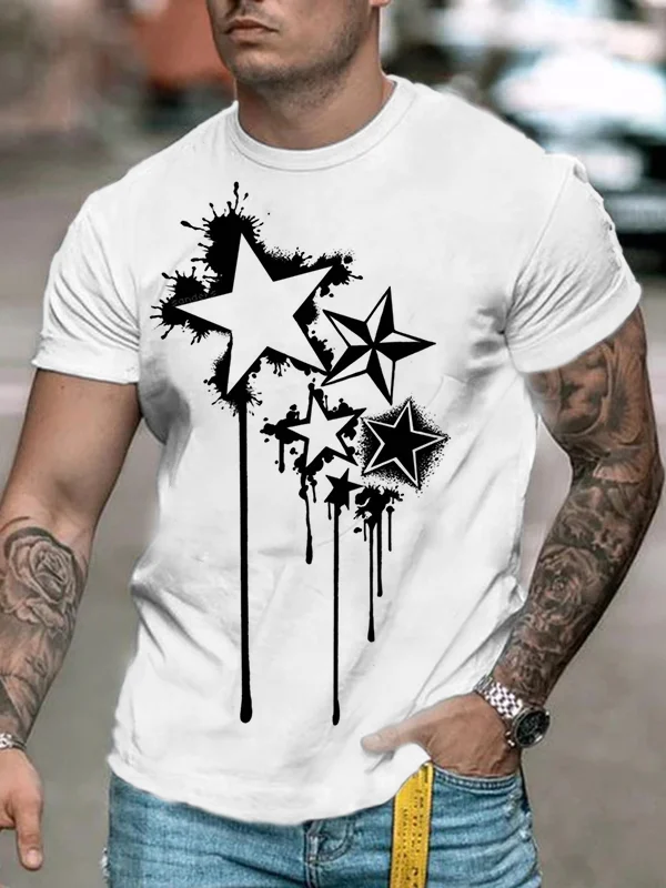 Men's casual fashion white star print short sleeve T-shirt.jpg