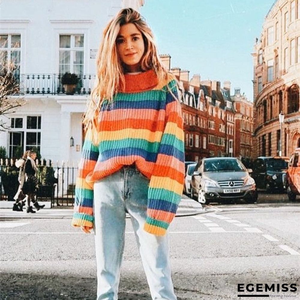 High Neck Sweater Women's Rainbow Stripe Loose Sweater | EGEMISS