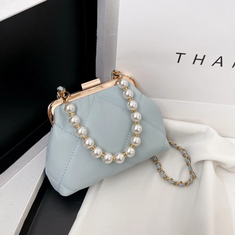 էѧӧܧ Metal frame package Design Pearl PU Leather Bag Crossbody 2021 Summer Luxury Brand Chain Shoulder Handbags Purses