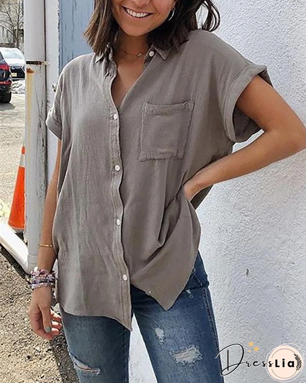 Pockets Short Sleeve Buttoned Down Plus Size Blouses