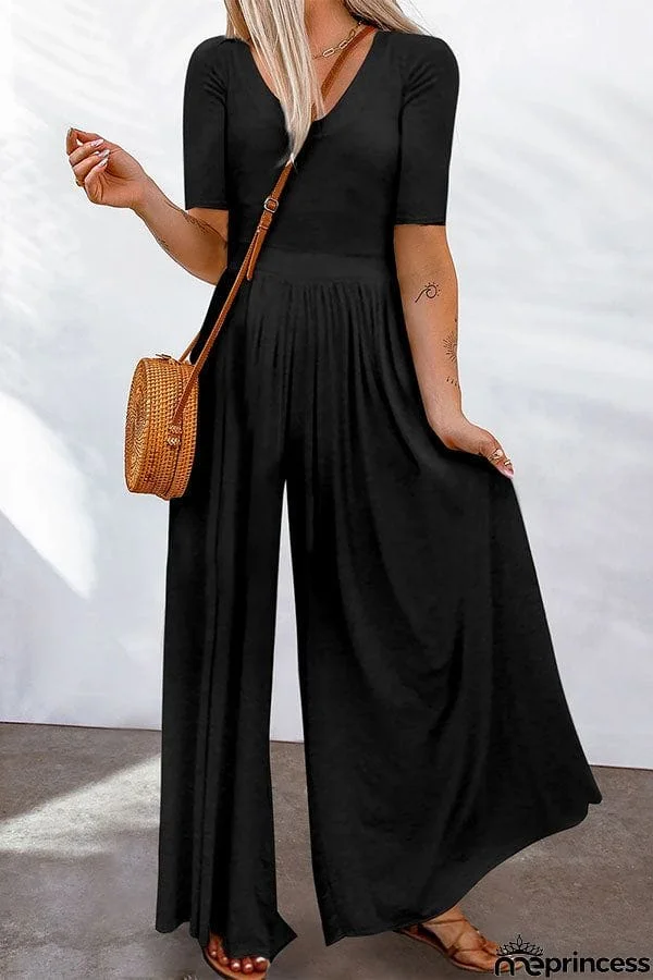 Plain Basic Short Sleeve Wide Leg Jumpsuit