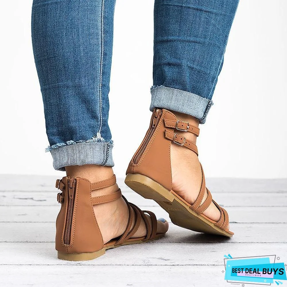 Women Rome Style Gladiator Sandals with Zip Flip Flop Flat Sandals