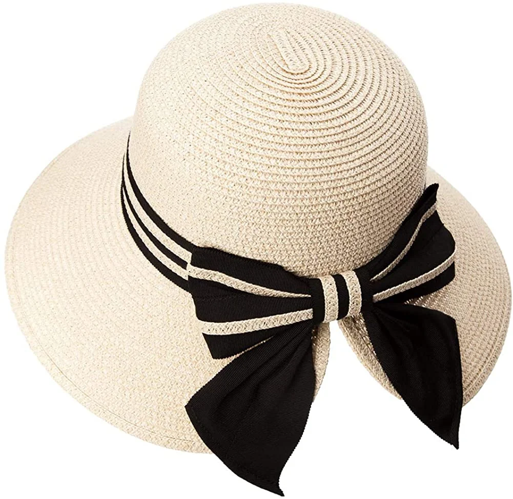 Womens Floppy Summer Sun Beach Straw Hat UPF50 Foldable Wide Brim