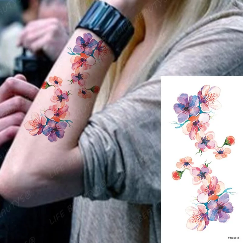 Sdrawing Temporary Flower Tattoos Women Fashion Beauty Rose Butterfly Flash 3D Fake Tattoo Arm Sleeve Pink Blue Sticker Girl
